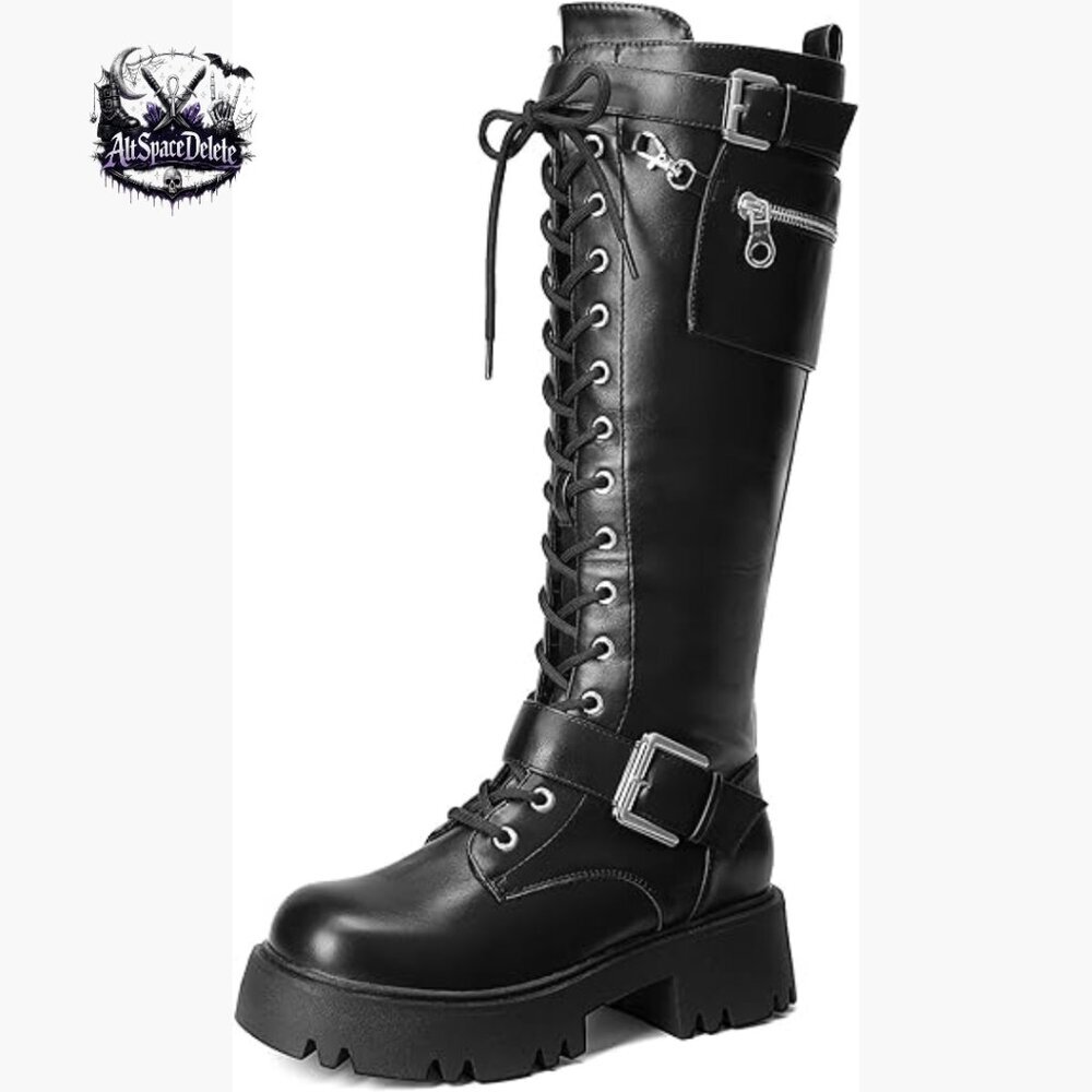 Knee High Combat Boots Platform Lug Sole Lace Up Zipper Motorcycle